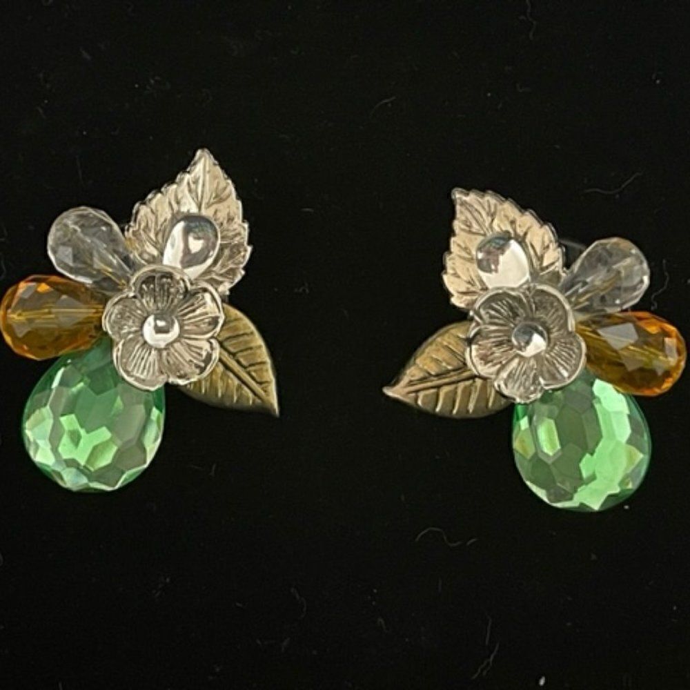 vinage statement clip on earrings 80s crystal green tear drop 2.25"